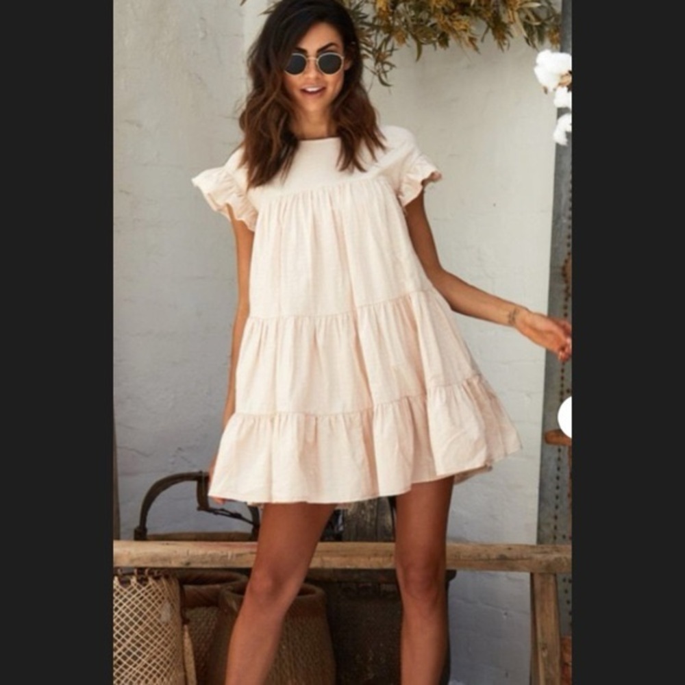 SHEIN Beige Tiered Ruffle Sleeve Mini Smock Dress - Size Small - Picture 4 of 11